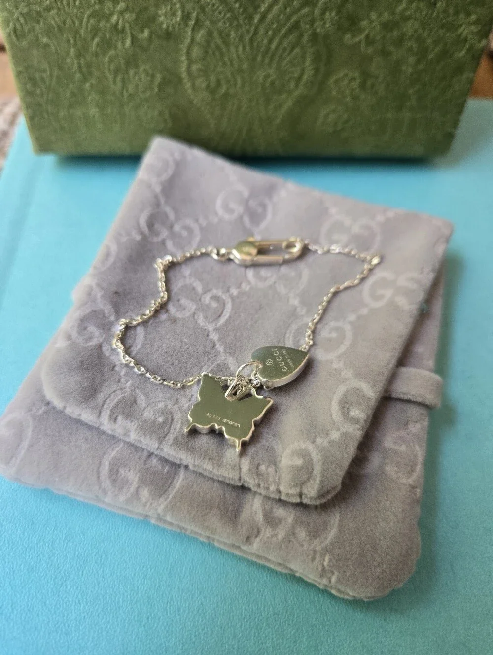 Gucci Sterling Silver Heart and Butterfly Charm Bracelet